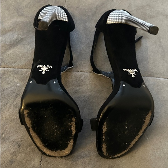 Prada Black Suede and Gold T-Strap Heels - Picture 3 of 4